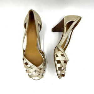Sezane Strappy Gold Low Heels Peep Toe
Court Shoe Sandals